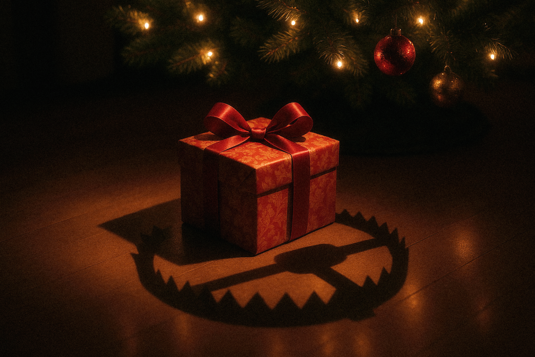 A photo illustration of a present under a lit tree, sitting on a trap, symbolizing the seriousness of common holiday scams in Canada and the need to avoid them. 